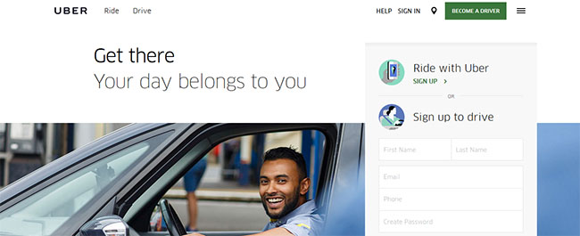 Uber homepage